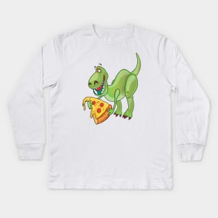 Dinosaur Eating Pizza Kids Long Sleeve T-Shirt